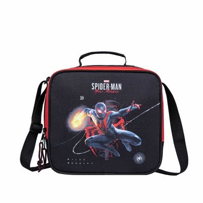 Bolsa preta e vermelha com imagem do Spider-Man Miles Morales e texto Marvel Spider-Man Miles Morales.
