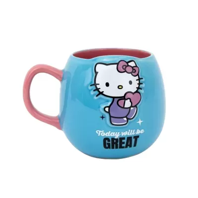 Caneca azul com personagem Hello Kitty e texto motivacional