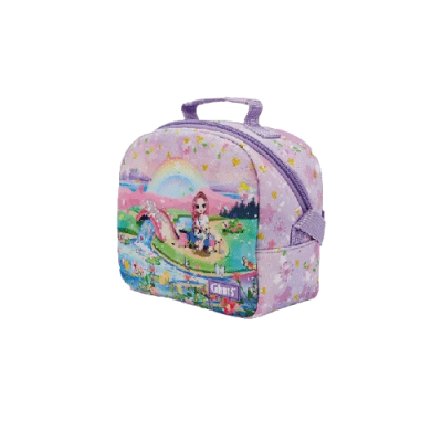 Bolsa infantil lilás com padrão floral e personagem desenhada