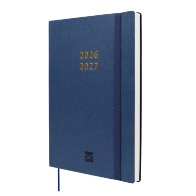 Agenda anual azul escuro com texto dourado 2026 2027