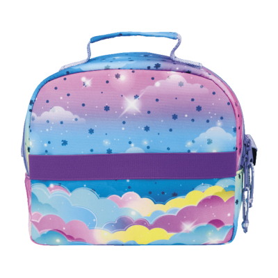 Mala térmica colorida com padrão de nuvens e fecho zíper
