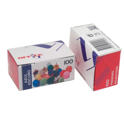 Duas caixas de alfinetes coloridos em embalagens variadas