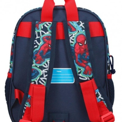 Mochila azul escura com alças vermelhas e estampas do Homem-Aranha