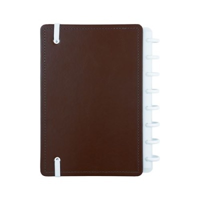 Caderno capa castanha com argolas e fecho elástico branco