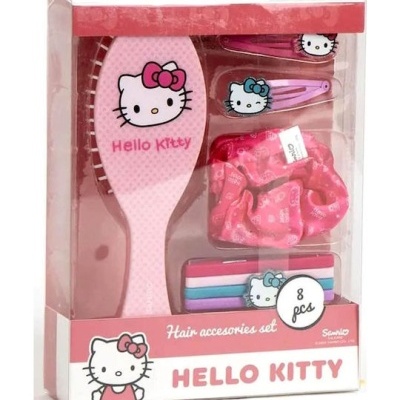 Conjunto de acessórios de cabelo Hello Kitty rosa com escova e presilhas em embalagem transparente