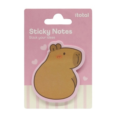 Notas autocolantes em formato de capivara castanha em embalagem cor-de-rosa com texto
