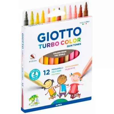 Estojo de lápis de cor GIOTTO Turbo Color com 12 cores, tons de pele, caixa branca com desenhos e texto colorido