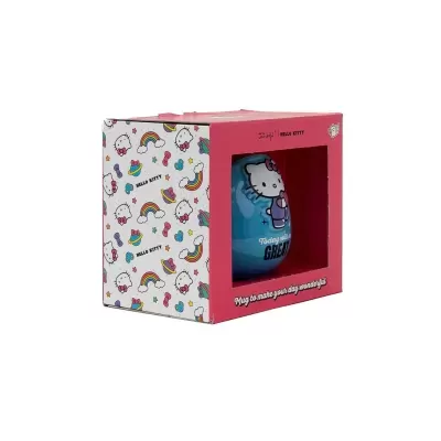 Caixa vermelha com caneca azul Hello Kitty visível pela janela transparente