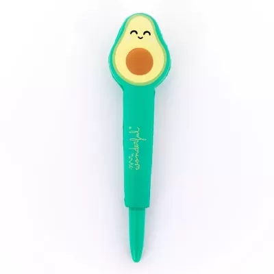 Caneta verde com topo em forma de abacate sorridente e texto 'mr. wonderful'