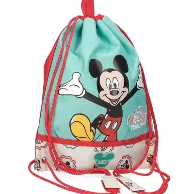 Mochila saco azul turquesa e vermelha com estampa do Mickey Mouse e cordões vermelhos.