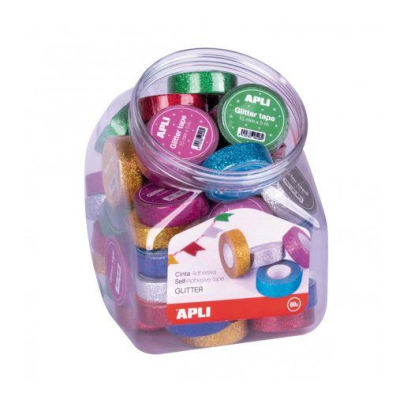 Frasco com rolos de fita adesiva glitter colorida