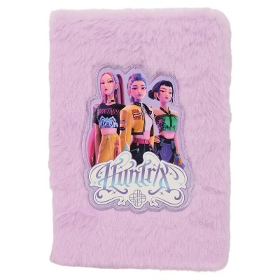 Caderno com capa de pêlo rosa e personagens animadas HUNTRIX