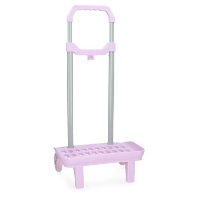 Carrinho de carga pequeno cor de rosa com estrutura metálica e rodas, fundo branco