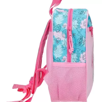 Mochila infantil rosa com padrão floral azul e rosa claro vista de lado