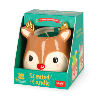 Vela perfumada formato cabeça de rena em embalagem verde