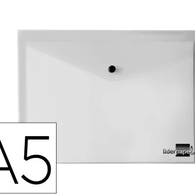 Pasta de plástico transparente formato A5 com botão para fecho e logo liderpape