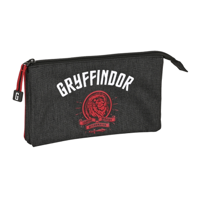 Estojo escolar preto com fecho vermelho e estampa Griffindor com leão vermelho