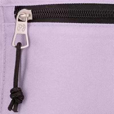 Fecho de correr preto em tecido lilás com puxador de metal e cordão preto