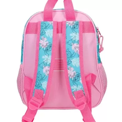 Mochila rosa com alças decoradas e bolsos laterais em rede