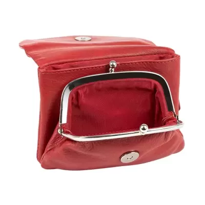 Carteira vermelha de couro com fecho metálico