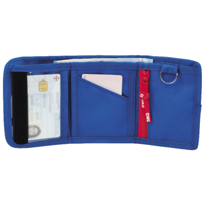 Carteira azul de tecido com compartimentos e fecho vermelho