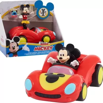 Brinquedo de carro vermelho com boneco do Mickey Mouse em embalagem colorida