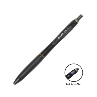 Caneta preta com corpo texturizado e texto 