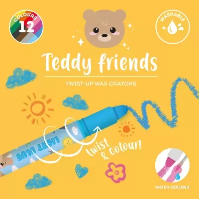 Embalaegm de lápis de cera Twist-Up azul claro com texto e desenhos coloridos