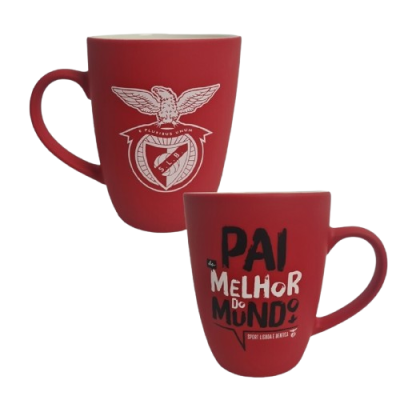 Duas canecas vermelhas do Sport Lisboa e Benfica, uma com logótipo e outra com texto para pai
