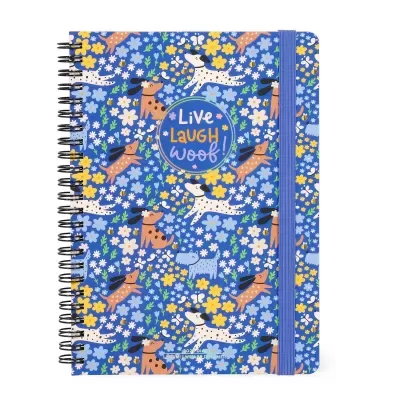 Caderno espiral com capa azul e padrão de cães e flores