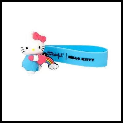 Pulseira azul de silicone com figura de Hello Kitty e texto
