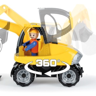 Brinquedo de retroescavadora amarela com personagem e movimento do balde indicado
