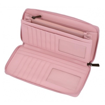 Carteira rosa com vários compartimentos e fechos