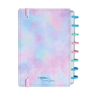 Caderno inteligente colorido com elásticos cor-de-rosa e discos coloridos no lado direito.