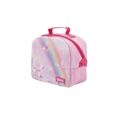 Bolsa cor-de-rosa com padrão de riscas, flores e borboletas, com arco-íris e etiqueta Gbus.