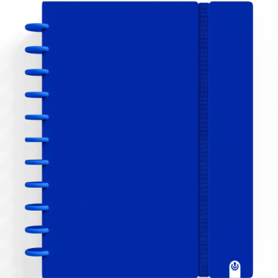 Caderno azul com elástico e argolas plásticas