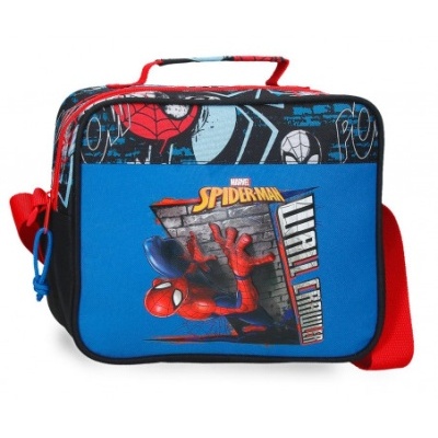 Mala infantil azul e preta com imagem e texto do Homem-Aranha