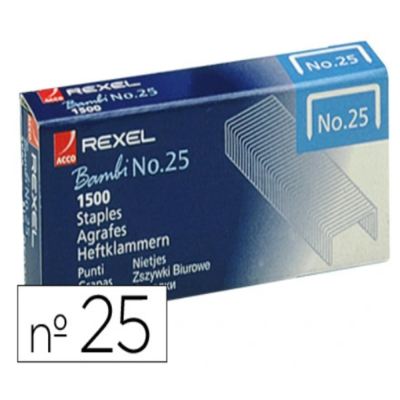 Caixa azul e branca de agrafos Rexel Bambi No.25 com 1500 unidades