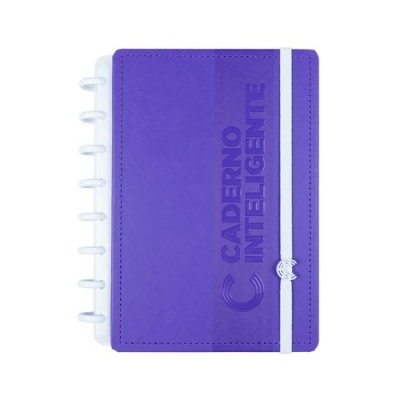 Caderno inteligente roxo com fecho elástico branco e argolas brancas