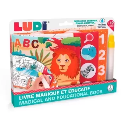 Livro infantil mágico e educativo LUDI com capa de leão e marcador amarelo