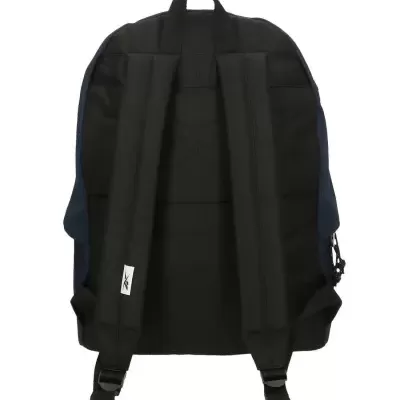 Mochila azul e preta vista de trás com alças acolchoadas