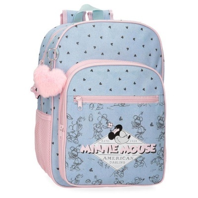 mochila azul com estampa Minnie Mouse e detalhes rosa
