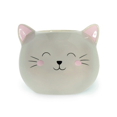 Vaso de cerâmica em forma de cabeça de gato cinzento com detalhes rosa e pretos