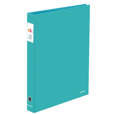 Pasta azul turquesa lisa com texto 'ambas' e etiqueta colorida na lombada