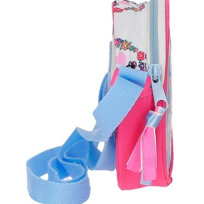 Bolsa ou estojo pequeno com padrão floral, fecho azul e alça azul