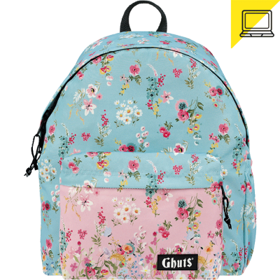 Mochila floral azul claro e rosa com bolso frontal e etiqueta Ghuts