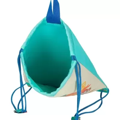 Saco mochila azul turquesa e branco com cordões azuis e alça