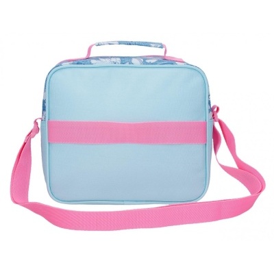 Mala pequena azul clara com alça e detalhes rosa