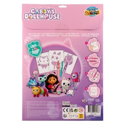 Conjunto Spray Pen Gabby's Dollhouse com papéis e canetas spray em embalagem cor-de-rosa