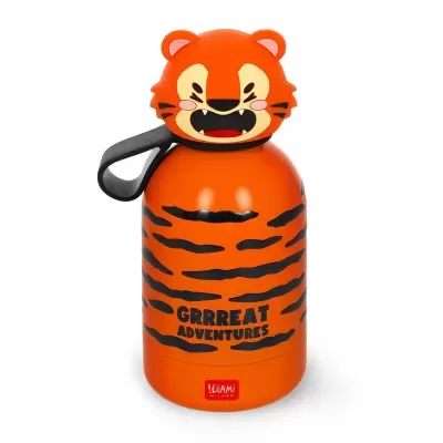 Garrafa infantil laranja com cabeça de tigre e texto GRRREAT ADVENTURES